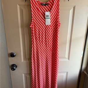 Nina Leonard Coral and White Striped Maxi Dress
